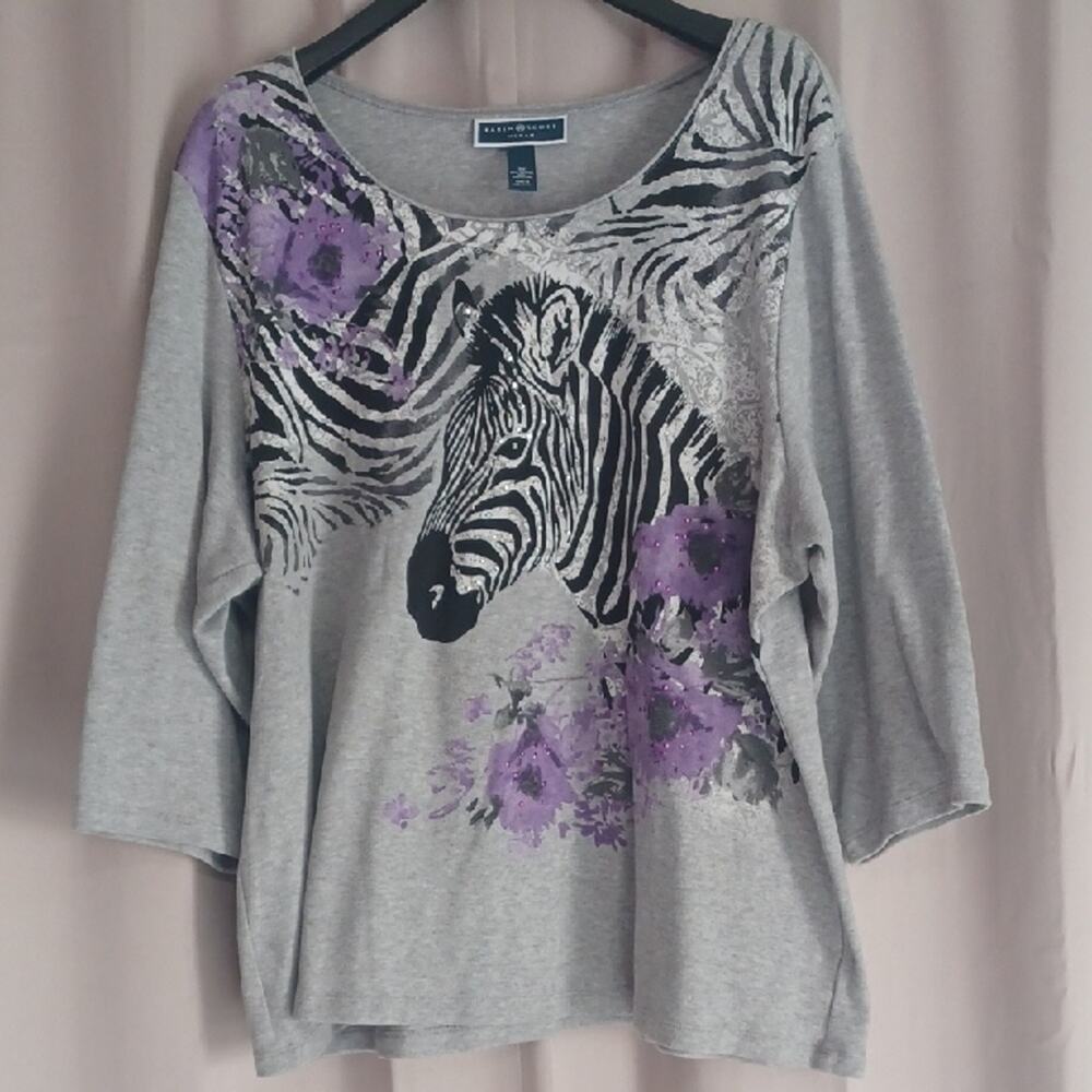 Karen Scott Woman Knit Top, Gray, Zebra, Purple Flowers, Rhinestones, Plus Size